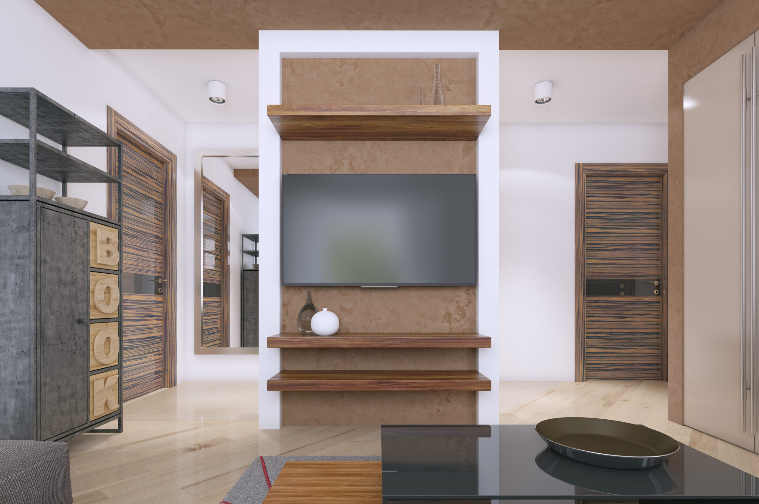 Designer TV unit in the modern living room. 3D rendering